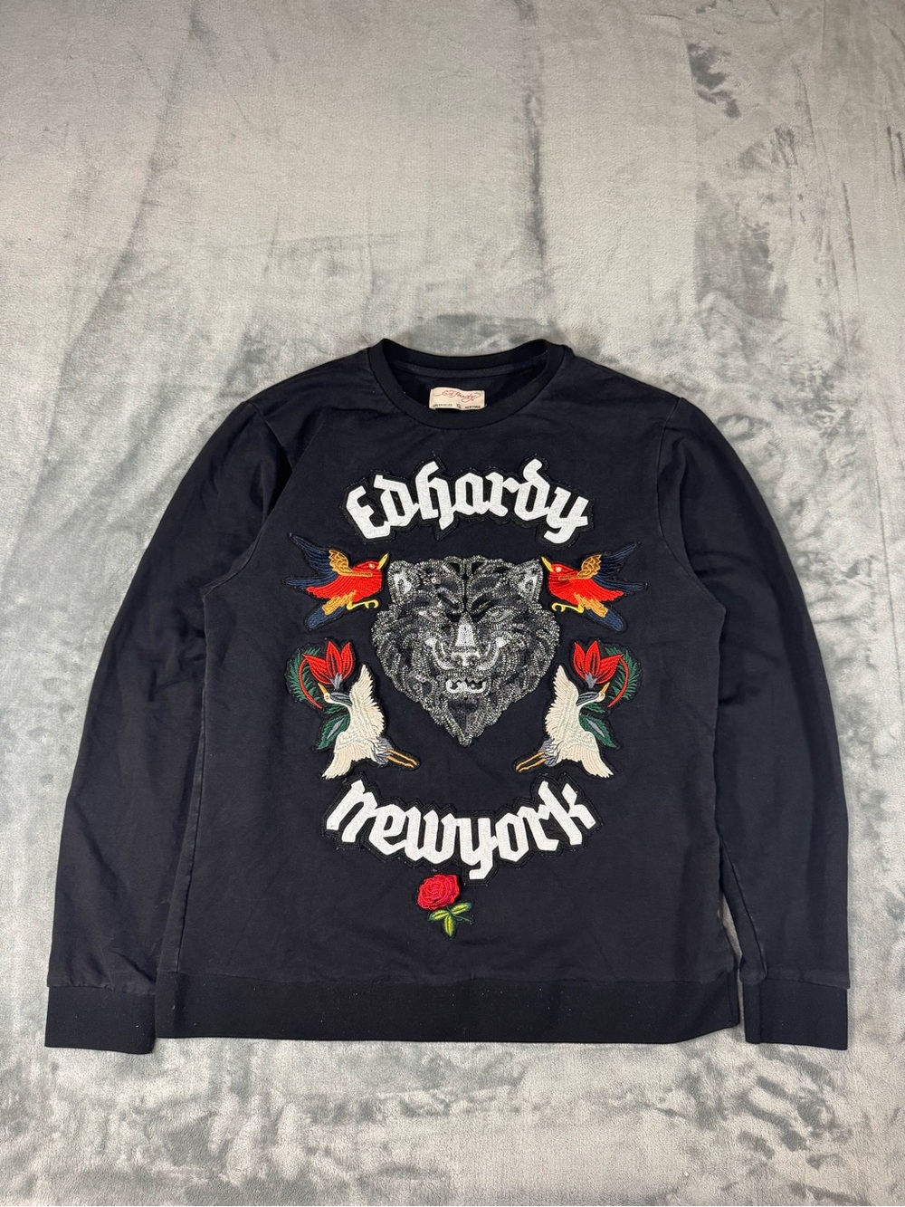 Ed Hardy Black Long Sleeve Embroidered Tiger & Bird Sweatshirt